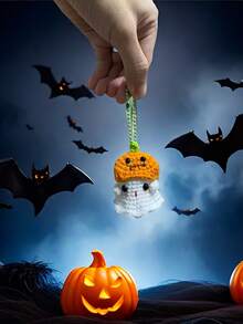 1Pc Halloween Themed Yarn Keychain Set  Cute Ghost With Pumpkin, Cartoon-Shaped Crochet Keychains, Animal & Doll Elements - Decorative Family Keyring Pack For Festive Accessories - Multicolor - View 6