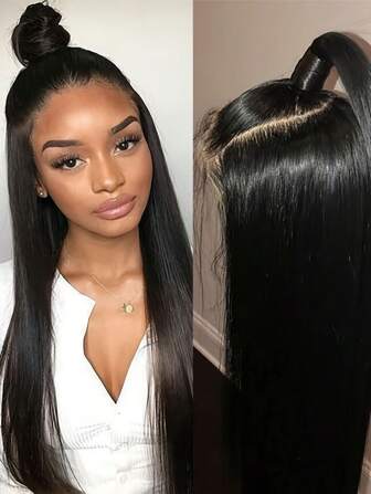 32 英寸直发透明蕾丝前假发人发预拔 4x4 直发闭合假发人发闭合蕾丝前发巴西发假发直发人发女士