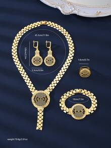 5 件/套女士圆形镂空防过敏铜材质高品质女士晚礼服日常佩戴 18k 镀金首饰套装 - 金黃色 - 查看 2