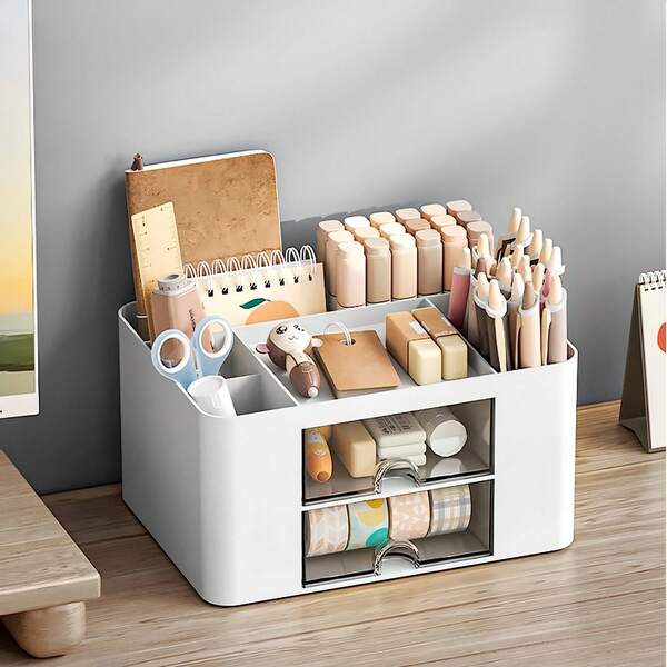 1pc Desktop Organizer Box With 2 Drawers, Pen Holder, Desk Accessory Storage Box, Suitable For Office, Home, School