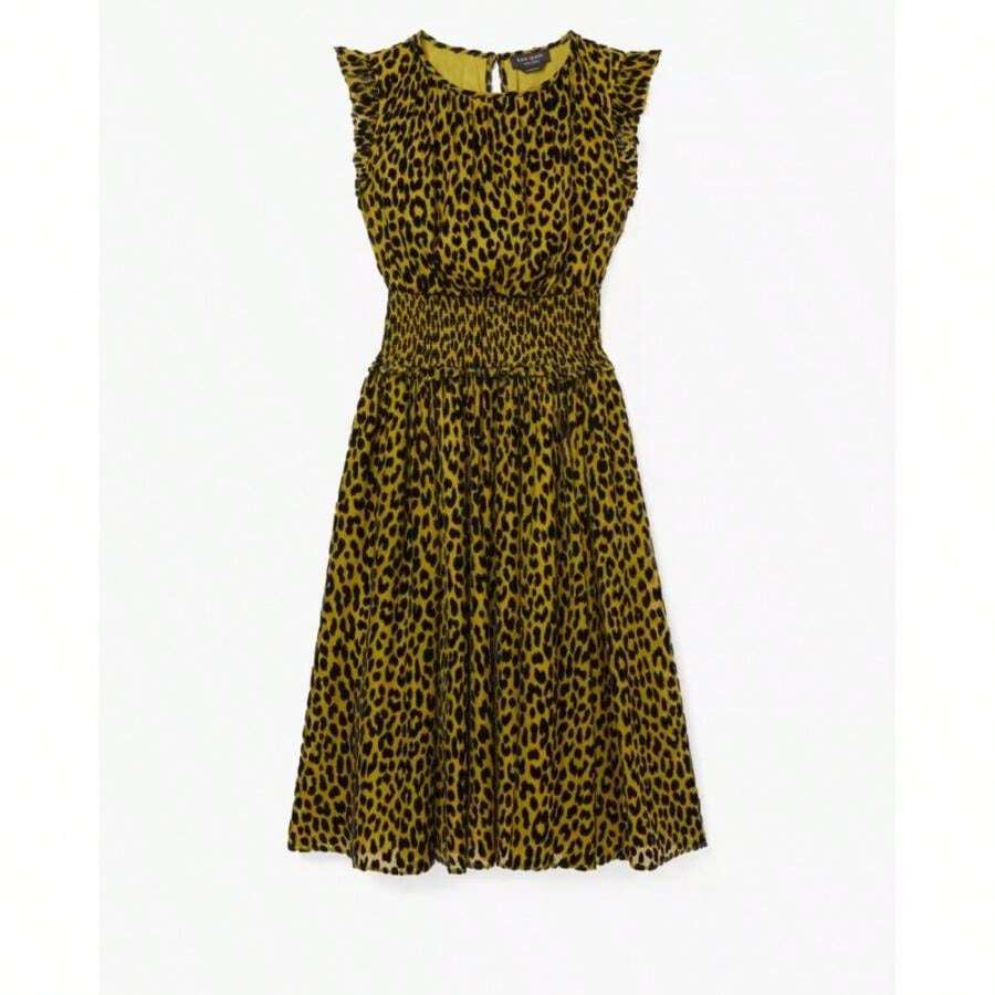 Spade | Modern Leopard Ocked Waist Dress - Chartreuse - View 1