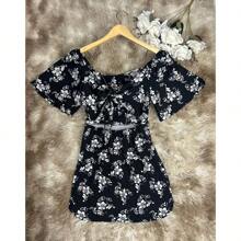 Women's Short Bat Sleeve Dress Flower Print Beach Fashion Travel - 黑色 - 查看 8