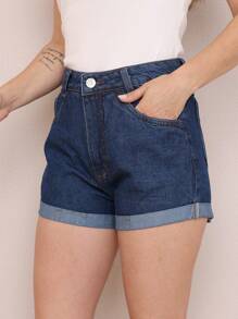 Women's Black Bermuda Jean Shorts With Plain Hem - 深色水洗藍 - 查看 2