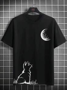 Moonlight Cat Streetwear T-Shirt 100% Cotton Skater Shirt - Fast Shipping - 黑色 - 查看 1