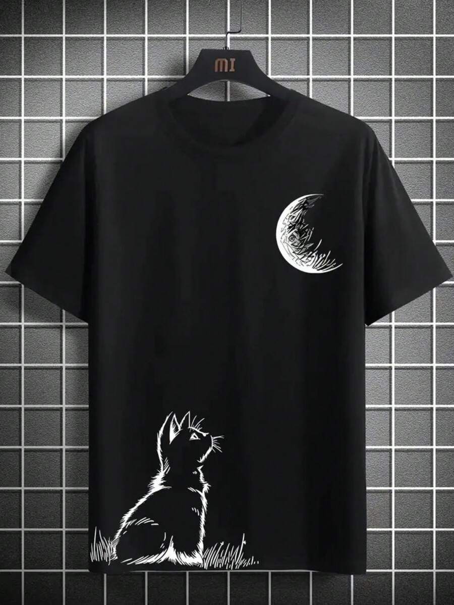 Moonlight Cat Streetwear T-Shirt 100% Cotton Skater Shirt - Fast Shipping - 黑色 - 查看 1