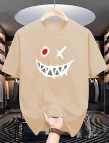 Basic Smile Happy T-Shirt (FRONT) Men's Women's Cotton Shirt Reinforced Stitching Unisex StreetWear - 米色 - 查看 1