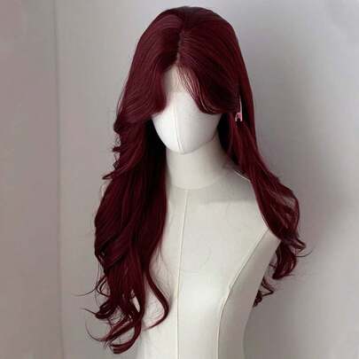 Cosplay Tóc Giả Dài Gợn Sóng Ren Trán Trước, Tóc Giả Chia Giữa, Ren Hình Trán Trước 4*1 Đỏ Burg 26 Inch Dệt Nửa Tự Nhiên Hàng Ngày, Tóc Giả Mượt Mà Và Chân Thực (Không Bao Gồm Phụ Kiện)