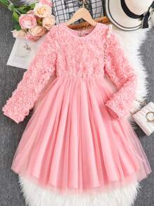 少女优雅玫瑰花 3D 花卉网眼撞色公主裙，适合派对和庆典，