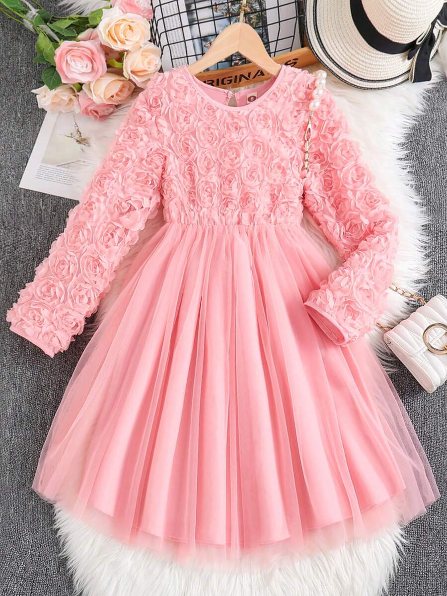 少女优雅玫瑰花 3D 花卉网眼撞色公主裙，适合派对和庆典，