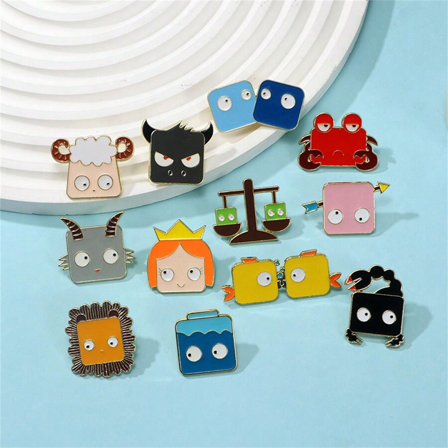 12pcs/Set Cartoon Constellation Enamel Pin Custom Decorative Brooches