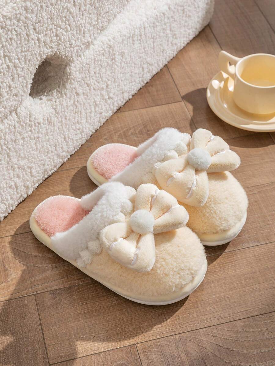 女士冬季拖鞋，带蝴蝶结，防滑，保暖，静音，情侣室内穿，厚底 - 黃色 - 查看 1