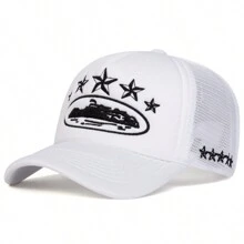 1 peça chapéu de motorista de caminhão bordado com estrela de cinco pontas, boné de beisebol da moda com malha, chapéu casual ao ar livre com proteção solar para viagens de primavera e outono, feriado de praia, Halloween