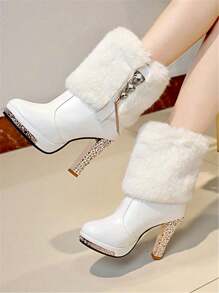 2025秋冬新款女鞋，白色时尚靴，黑色中筒靴，毛边镶钻，高跟尖头踝靴，Y2K风格鞋款，女士厚底高跟鞋 - 白色 - 查看 3