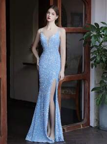 心形领美人鱼下摆开衩亮片装饰晚礼服，优雅正式舞会礼服，适合婚礼嘉宾、毕业典礼、晚宴 - 淺藍色 - 查看 1