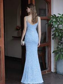 心形领美人鱼下摆开衩亮片装饰晚礼服，优雅正式舞会礼服，适合婚礼嘉宾、毕业典礼、晚宴 - 淺藍色 - 查看 4