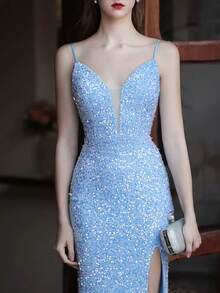 心形领美人鱼下摆开衩亮片装饰晚礼服，优雅正式舞会礼服，适合婚礼嘉宾、毕业典礼、晚宴 - 淺藍色 - 查看 5