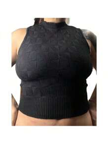 Cropped Tank Top Women's Knit Blouse 3D Knitting Summer Fashion 2024 Knitting Blogger Secretary - màu đen - Xem 2