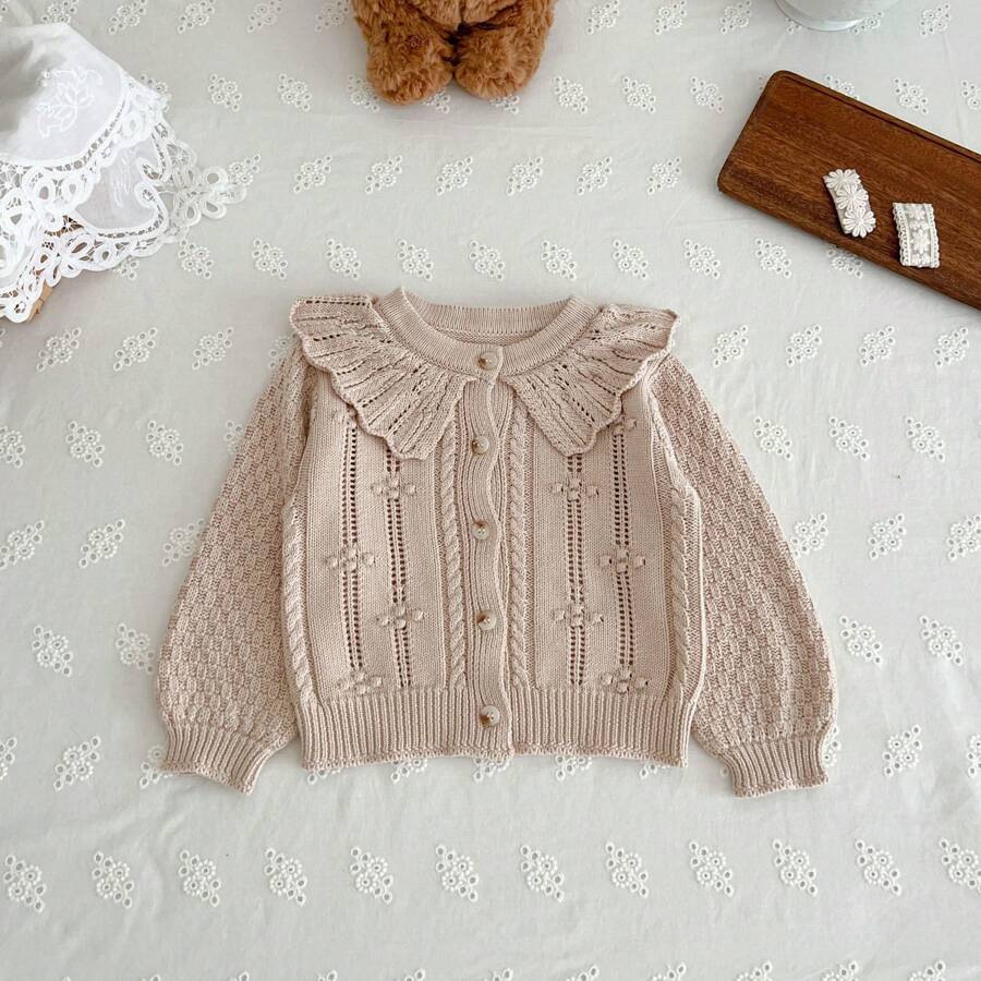 Korean Style Autumn Baby Girls Cardigan With Ruffled Collar, Versatile Children Knit Outwear - 杏色 - 查看 1