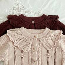 Korean Style Autumn Baby Girls Cardigan With Ruffled Collar, Versatile Children Knit Outwear - 杏色 - 查看 2