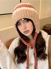 1 件女士保暖羊毛捕手帽，厚护耳帽，带编织绒球，适合秋冬季户外使用