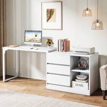 Tribesigns L-Shaped Computer Desk With Drawers And Shelves, Reversible White Corner Office Desk With Storage Cabinet, Modern Study Writing Table For Home Office, Bedroom - 白色 - 查看 4