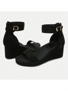 Women Black Open Toe Buckle Ankle Strap Summer Platform  Valentine's Day  Wedge Sandals - màu đen - Xem 3