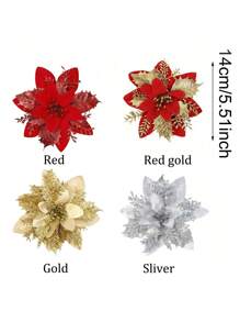 10 Piezas de Flores Navideñas, Dorado, Rojo, Plateado, Flores para Árbol de Navidad, Flores Navideñas Brillantes, Flores de Poinsetia, Artificiales para Decoración de Árbol de Navidad, Decoración de Fiesta, Navidad