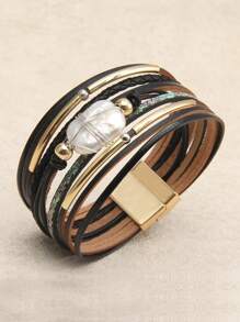 1pc Snake Pattern Leather Wrap Bracelet With Crystal Studs, Bohemian Style Wristband For Men, Gift For Women/Wife/Mother