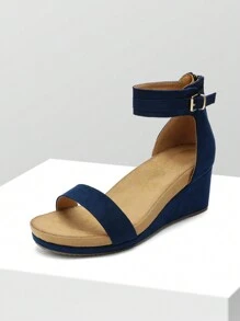 Women Black Open Toe Buckle Ankle Strap Summer Platform  Valentine's Day  Wedge Sandals - 藏蓝色 - 查看 1