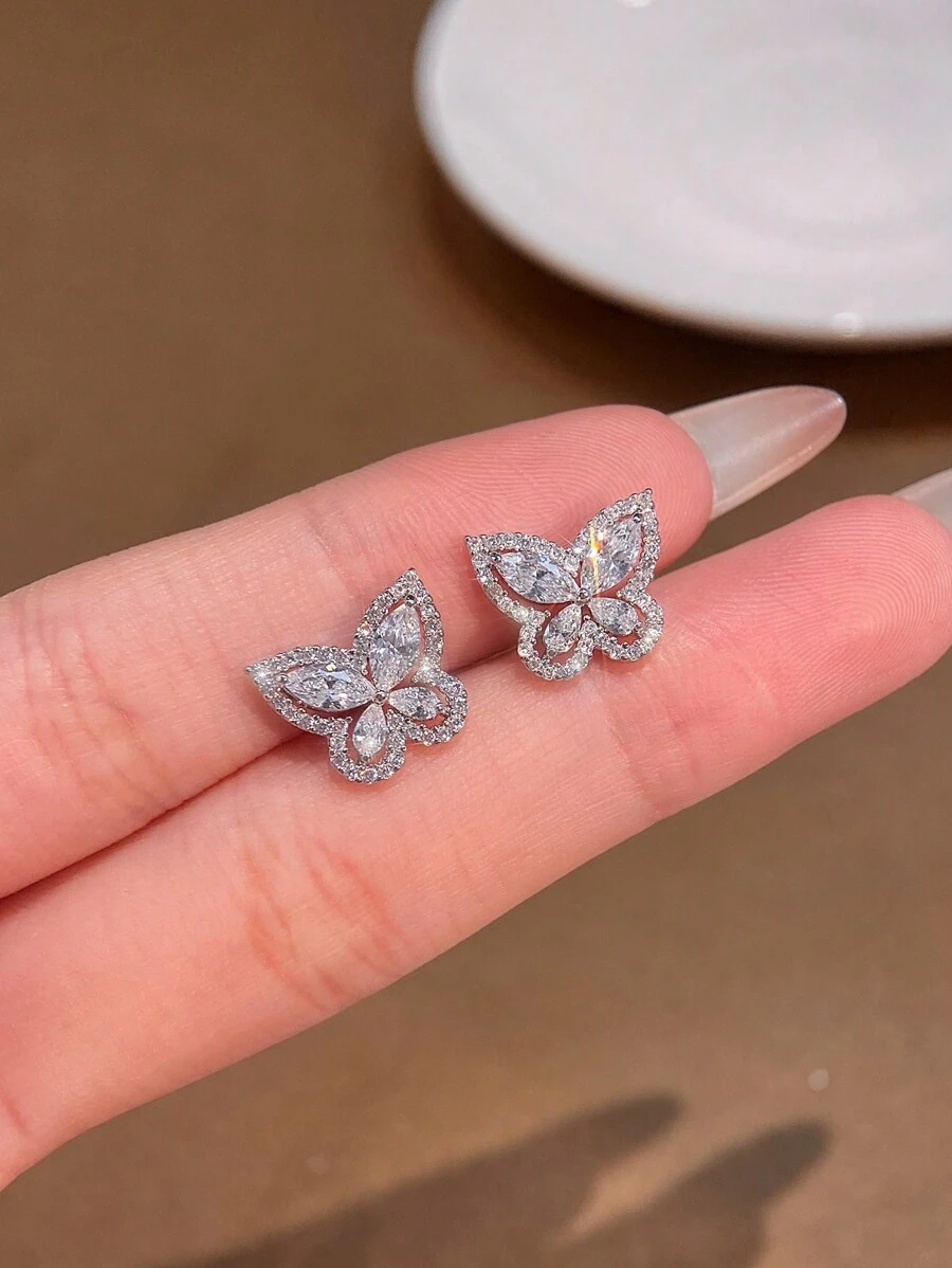 1 Paar filigraner offener Schmetterling-Ohrringe mit Strass, 925er Sterling Silber, schlicht und elegant für Frauen, feiner Schmuck als Geschenk, Party Geschenke, Geburtstaggeschenke, Accessoires für Dates