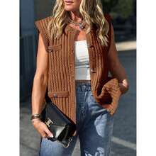 Womens Sleeveless Sweater Vest Button Up Cable Knit Crew Neck Casual Loose Summer Cardigan