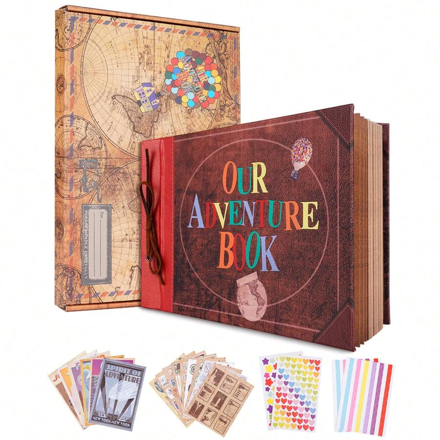 OUR ADVENTURE BOOK A Adventure Book Scrapbook Album 11.9 X 7.6 Inch 80pages,3d Retro Embossed Letter Leather Cover Movie Up,Memory Book For Couples,Gifts For Boyfriend,Couples Gift Ideas,Anniversary - 復古色 - 查看 1