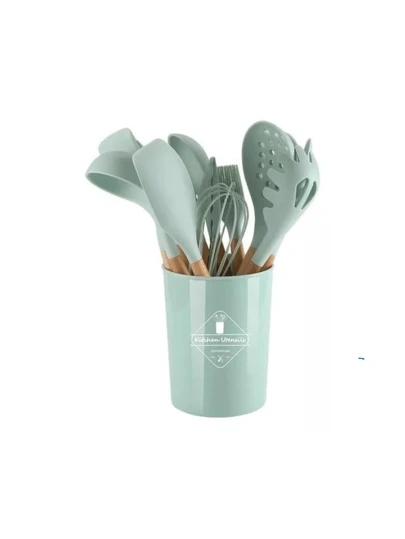 Jogo de Cozinha Kit Com 12 Peças de Silicone, Utensílios e Copo Suporte para Cozinha Cabo de Madeira