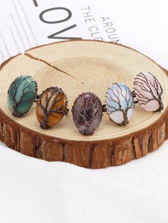 خاتم قابل للتعديل بتصميم شكل البيضة من الأحجار الكريمة الطبيعية 1قطعة، مجوهرات الخاتم للأصابع النسائية بتصميم عروة الحياة المخدود، أمثيست، كوارتز وردي، عقيق النمر، أجاتأسود