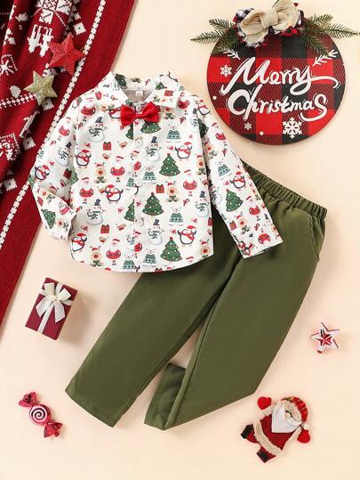 Conjunto de 2 peças de roupa de Natal para meninos, Papai Noel, árvore, rena, boneco de neve, camisa de manga comprida e calças, adequado para primavera outono, esportes, casual, feriado, uso ao ar livre, uso interno
