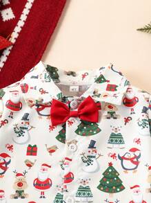 2 件套圣诞套装，适合年轻男孩，圣诞老人、树、驯鹿、雪人印花长袖衬衫和裤子套装，适合春秋季、运动、休闲、节日、户外、室内穿着 - 軍綠色 - 查看 2