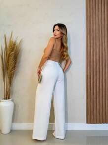 Women's High-Waisted Tailored Pants With Two Buttons And A Zipper And Open Pocket - New White - View 2