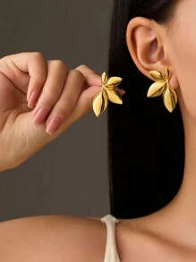 1 Par de Brincos de Pino de Aço Inoxidável com Estampa Floral Suave, Acessório de Moda Minimalista, Uso Diário e Presente para Mulheres