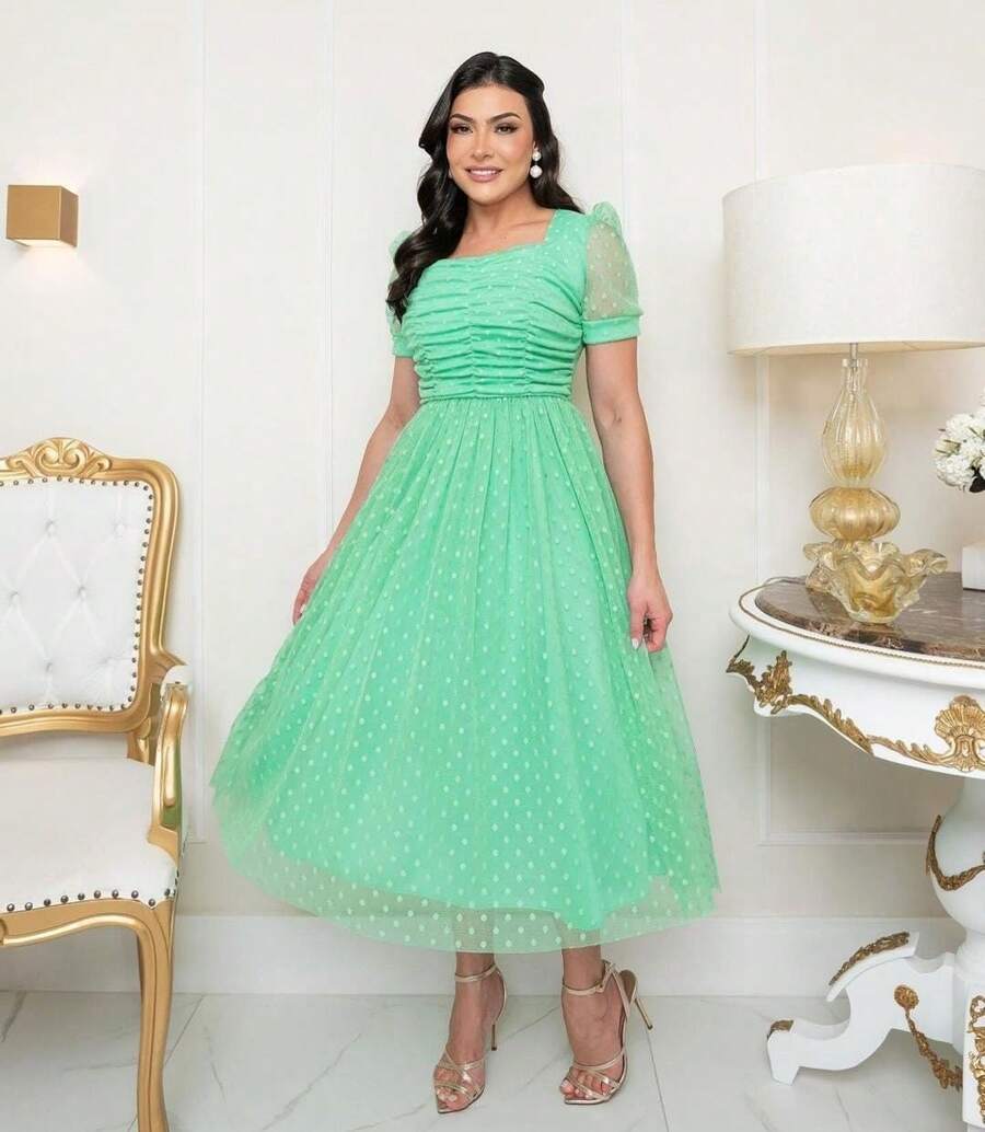 Women's Godet Dress Draped On The Bust Evangelical Fashion - màu xanh lá - Xem 1