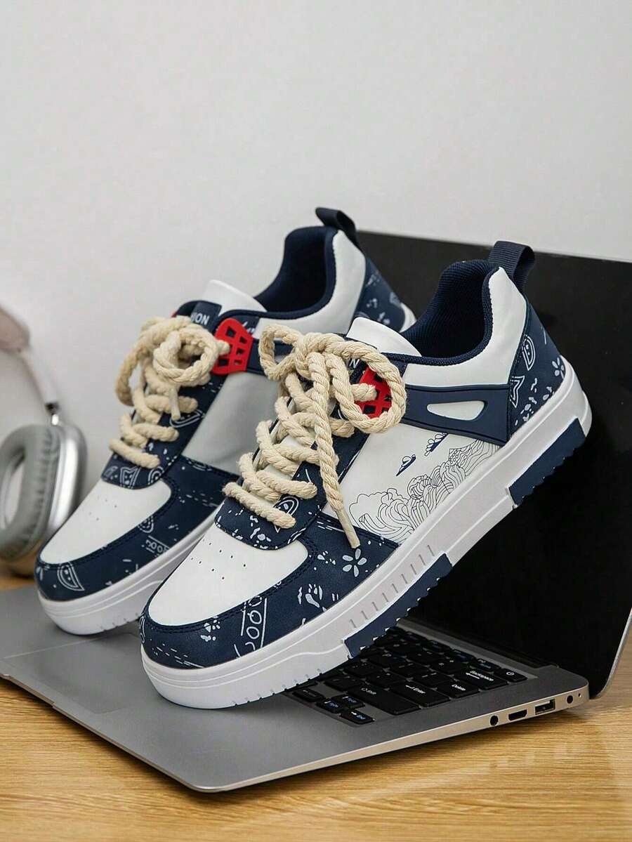 A Pair Of Men's Sports Shoes With Breathable Casual Style, Front Lace-Up, Pure Color, EVA Sole And Low-Cut Design - 藍色 - 查看 1