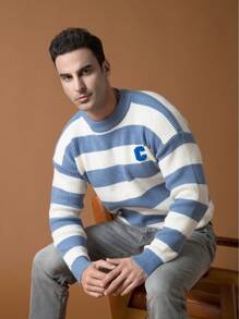 Men Striped & Letter Pattern Drop Shoulder Sweater
