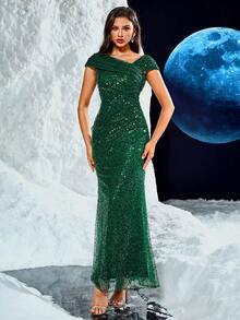 UNITHORSE 露肩褶皱重绣亮片手工串珠腰部收紧紧身正式晚礼服，优雅舞会礼服，适合婚礼嘉宾、毕业典礼、晚宴 - 墨綠色 - 查看 8
