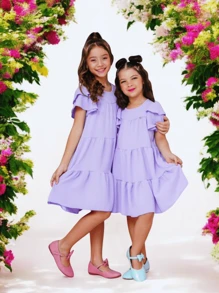 Children's Loose Flared Dress 3 Marias Party Christmas New Year Children's Day In The Duna Borboletinhas Kids Fabric - Bụi tím - Xem 3