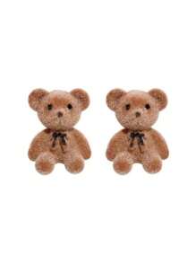 1pair Fashion Student Flocked Bear Earrings, 925 Silver Needle, Cute Simple Design - one-size - View 6