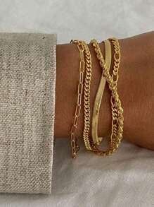 5 件/套男女通用手链套装 - 波西米亚风格，扁平蛇链、回形针链、链条、串珠和常规链条设计，适合日常佩戴和作为礼物 - 金黃色 - 查看 2