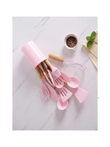 Kitchen Set Kit With 12 Silicone Pieces, Utensils And Cup Holder For Kitchen With Wooden Handle - Baby Pink - View 3