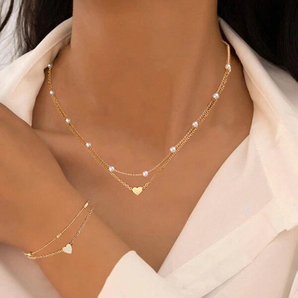 Set de 3 piezas con collar, pulsera y joyería con forma de corazón y perlas de imitación, regalo para mujeres en San Valentín, mamá, madre, Día de la Madre