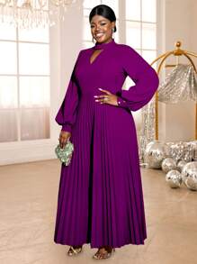 Damska solidna sukienka z dekoltem w serek i rękawami w kształcie latarni, elegancka, plisowana, na imprezę, do klubu, na urodziny, na bankiet, na wieczór, na bal, na Nowy Rok