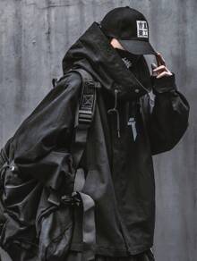 Men's High Neck Jacket Techwear Streetwear Zip Up Windbreaker - Black - View 4