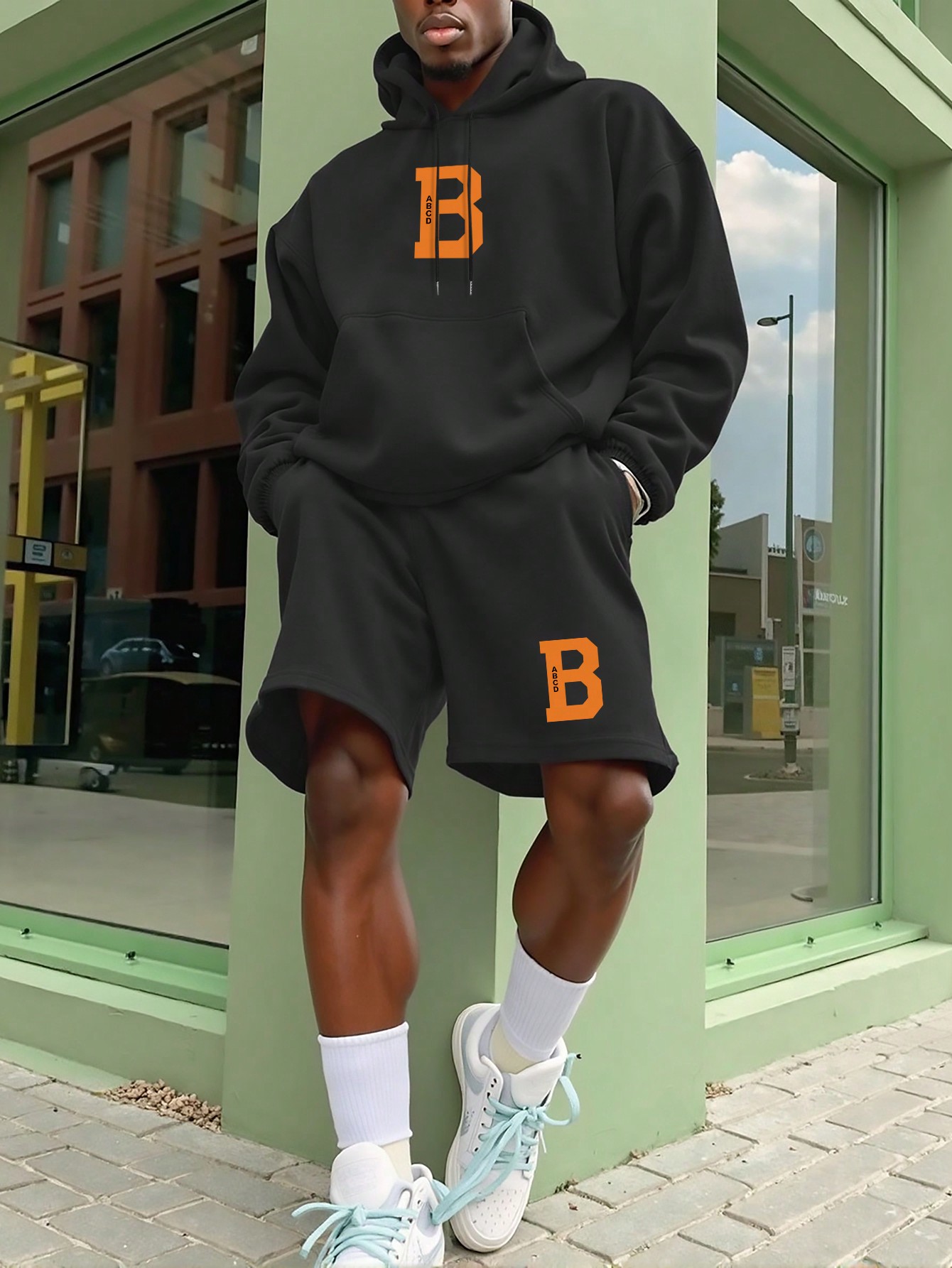 2pcs Men's Cartoon Skull Print Hooded Sweatshirt And Letter Print Shorts Set